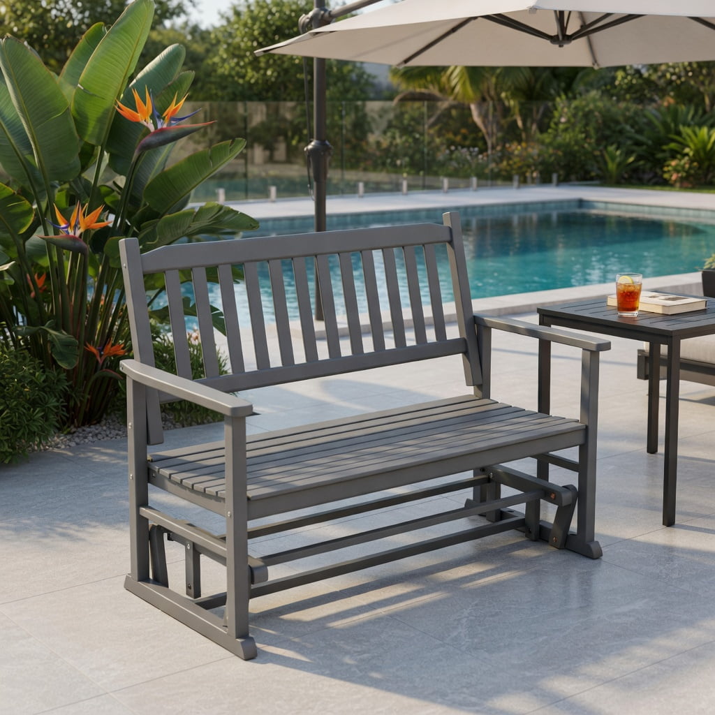 Hommoo 2-Person Outdoor Glider Bench, Poplar Wood Rocking Patio Bench with Ergonomic Slatted Seat & Armrests, Gray