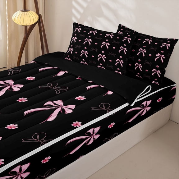 Homewish Princess Bow-tie Zipper Twin Comforter Sets with Fitted Sheet and 2 Pillowcases for Girls, Black Pink Blossoms Flower Zipper Bedding Set, Black Reversible, 4-Piece