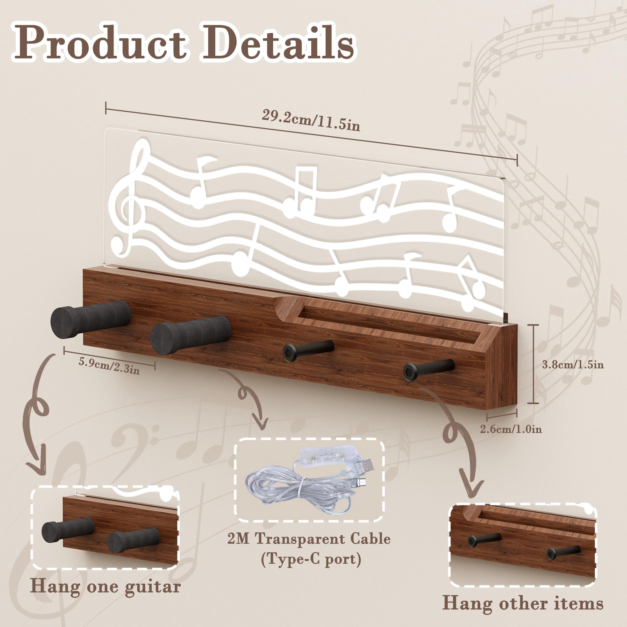 Guitar Accessories  Light Up Wall Mount Musical Notes Design Pick Holder With Capo Storage Usb Powered Premium Wood And Acrylic Gift For Music Lovers Guitarist