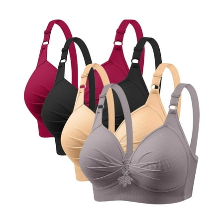 GERsome Pack of 4 Assorted Color Comfortable Full Coverage Bra for Women Wireless Bras with Soft Support Plus Size Everyday Bras 4PC#Black/Beige/Gray/Wine L