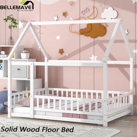 Bellemave Full Size House Floor Bed,Wooden Montessori Bed with Fence and Roof for Kids,Playhouse Full Bed Frame for Girls,Boys(Full,White)