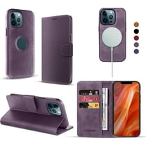 RadEnergy EMF Protection Leather Wallet Case for iPhone 14 Plus, Magnetic Stand Cover, Purple