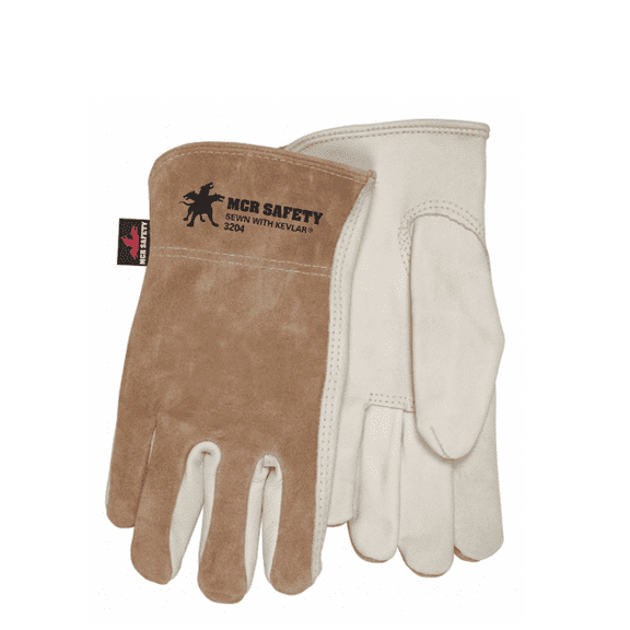 MCR Safety 3204L Select Grade Cow Grain Leather Driver Gloves Sewn with Kevlar Thread and Memphis Logo, Cream/Brown, Large, 1-Pair