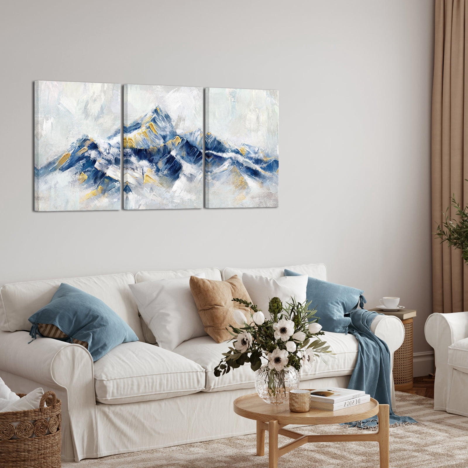 Visual Art Decor Blue Decor Large Abstract Framed Canvas Wall Art 3 Piece Mountain Landscape Bedroom Living Room Home Decorations Paintings Pictures Prints Modern Artwork 16"x 24"x 3 Pcs