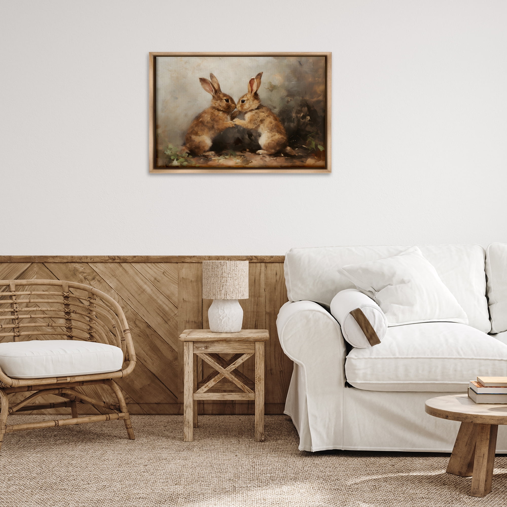 Stupell Industries Bunny Boxing Duo Animals & Insects Painting Brown Floater Framed Canvas Art Print Wall Art, 31 x 21