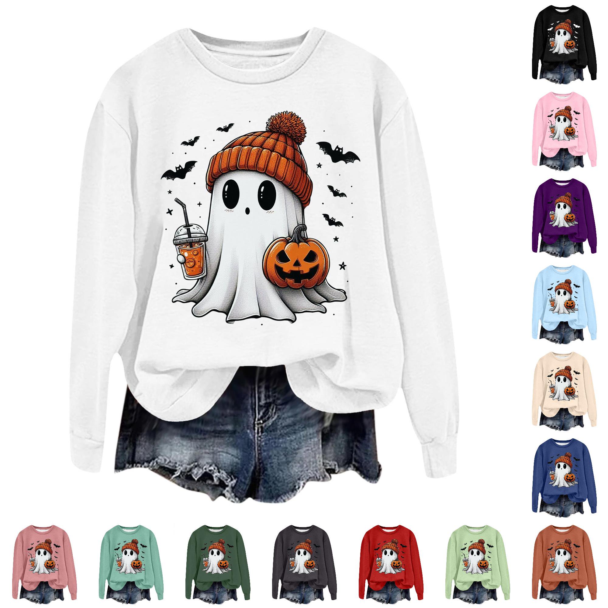 Halloween Shirts for Women Hoodless Sweatshirt Women s Casual Long Sleeve Graphic Tee with Crewneck Pullover Top White L