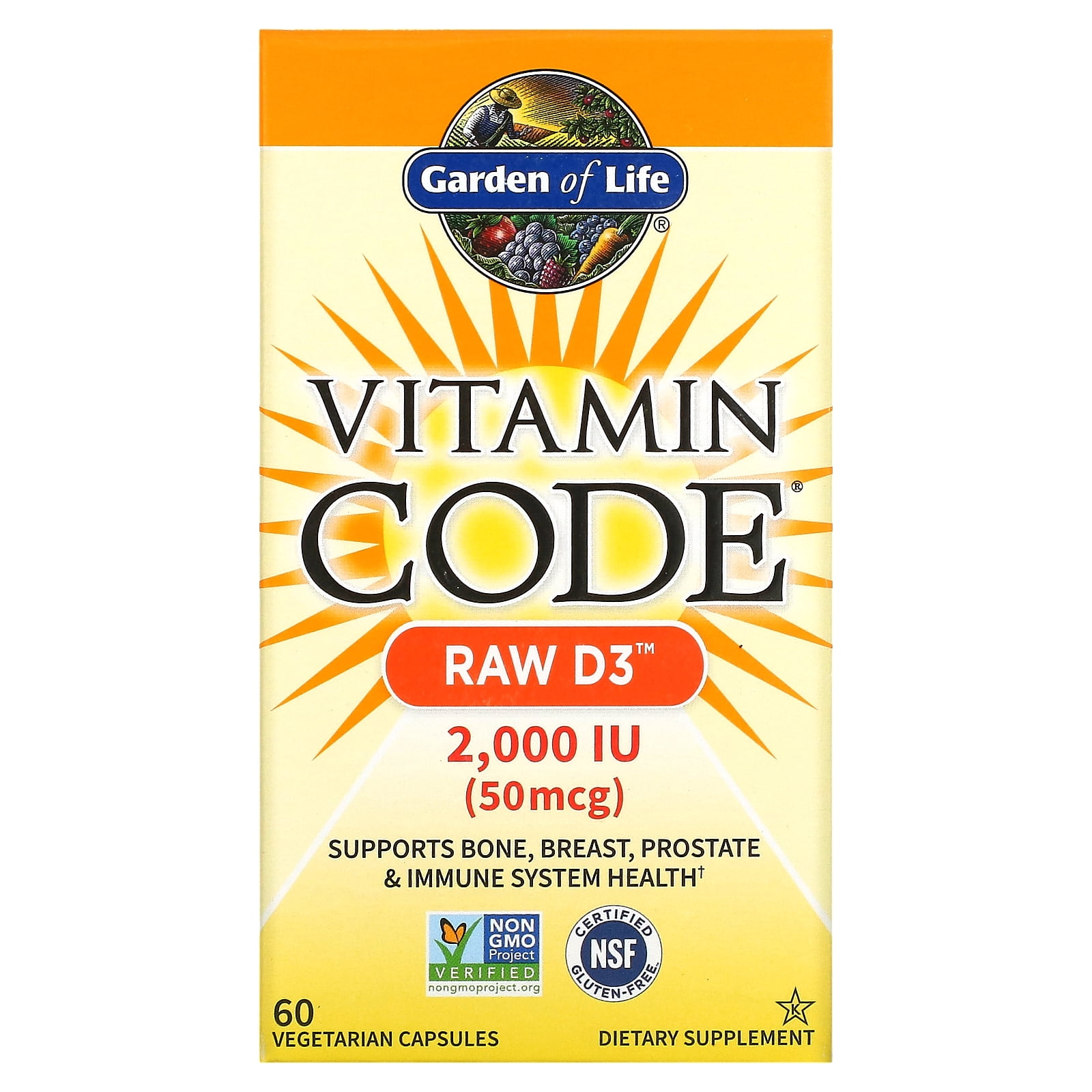 Vitamin Code, RAW D3, 50 mcg (2,000 IU), 60 Vegetarian Capsules, Garden of Life