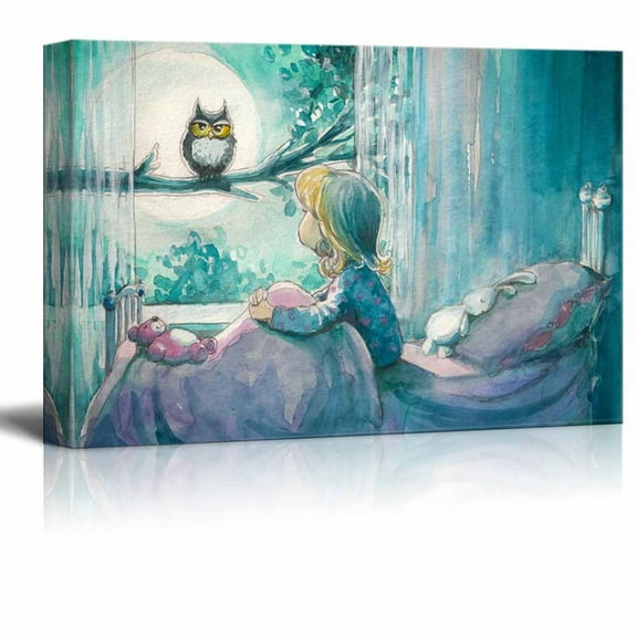 wall26 Canvas Print Wall Art Girl in Bed Looks at Forest Owl in Moonlight Kids Wilderness Illustrations Modern Art Rustic Scenic Relax/Calm Zen Colorful for Living Room, Bedroom, Office - 24"x36