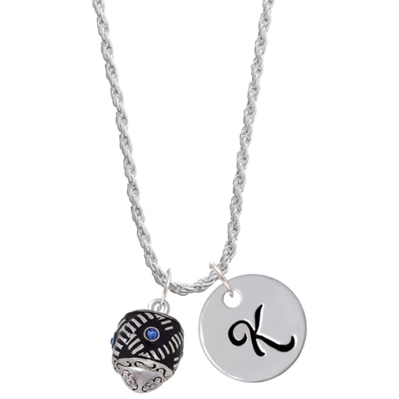 Delight Jewelry Silvertone Diagonal Banded Barrel with Blue Crystals Spinner Silvertone Script Initial Disc - K - Charm Necklace, 20"+3"