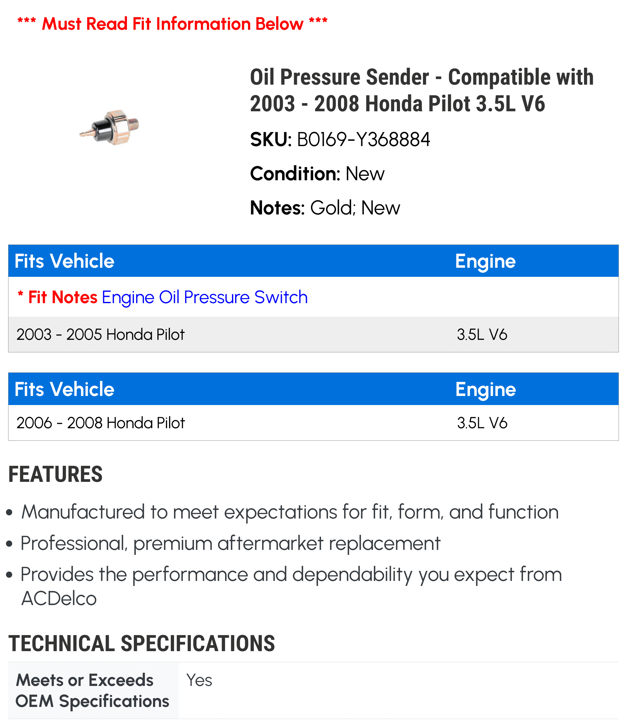 Oil Pressure Sender - Compatible with 2003 - 2008 Honda Pilot 3.5L V6 2004 2005 2006 2007