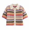thumbnail image 4 of Two Piece Women Summer Casual Knit Short Sleeve Button Down Shirt and Shorts Matching Set Red Striped Suit S, 4 of 8