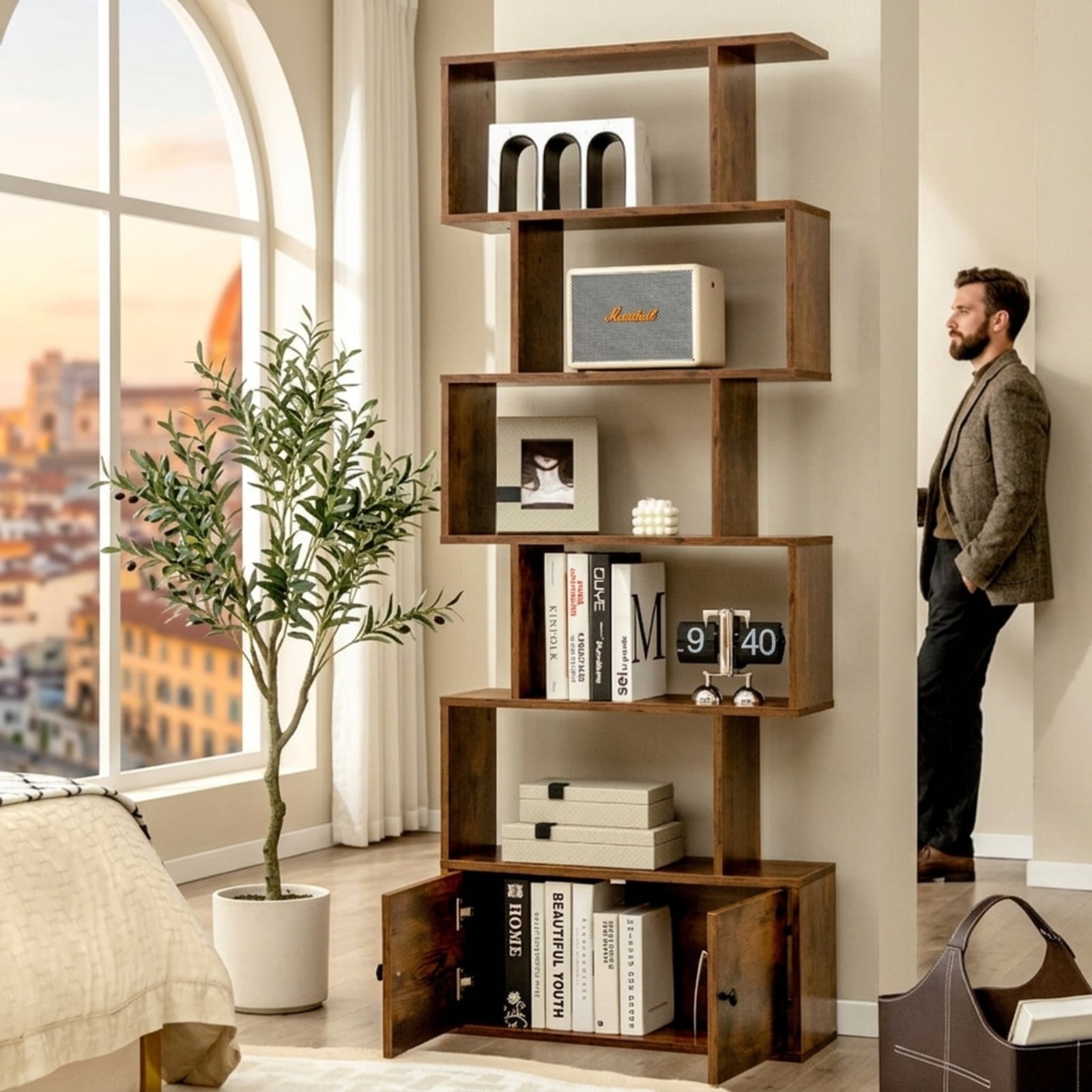 Furnibear 6-Tier S-Shaped Freestanding Bookshelf with 5 Open Shelves and Closed Cabinet Tall Wood Storage for Bedroom and Office, Coffee