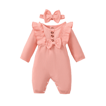 

Mikrdoo Baby Girls Romper Pure Color Bow Jumpsuit Long Sleeve Winter Rib Bodysuit With Headband Pink 6-9 Months