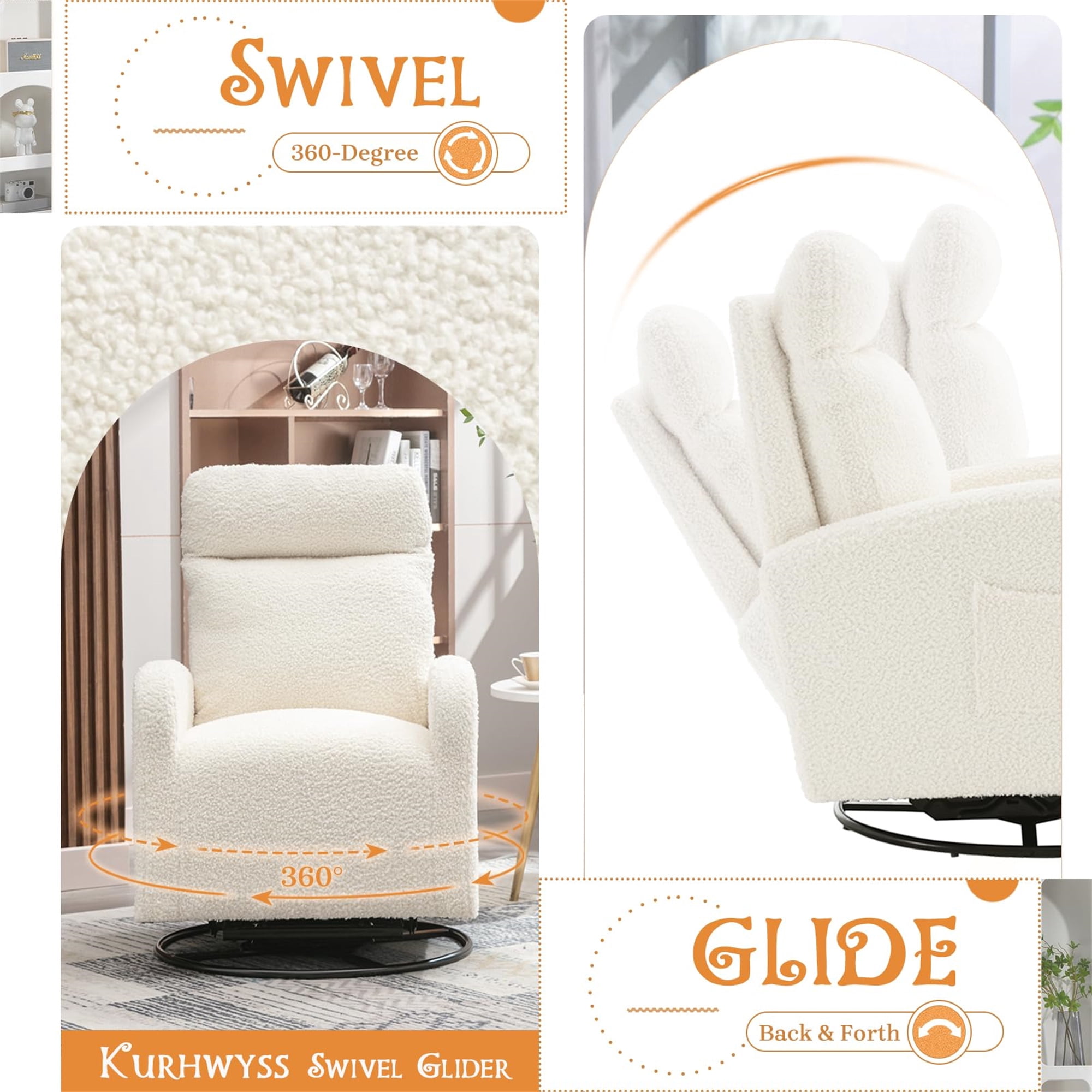 Aukfa Swivel Glider Chair for Nursery, Modern High Back Rocker Chair w/ Storage, Teddy Fabric, White