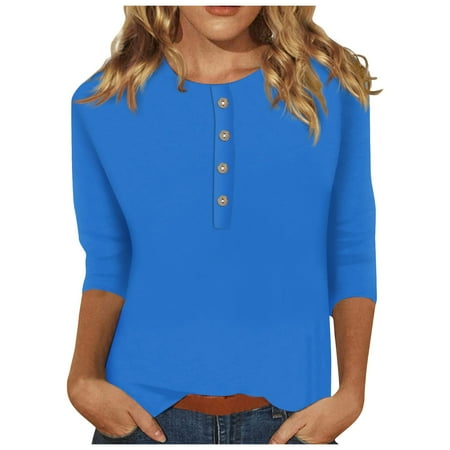 

RPVATI Womens 3/4 Sleeve Tops Button Down Fall Shirts Cute Ladies Elbow Length Tunic Fashion Plus Size Solid Color Clothes Maternity Henley T Shirts Outfits Crew Neck Blouses Blue S