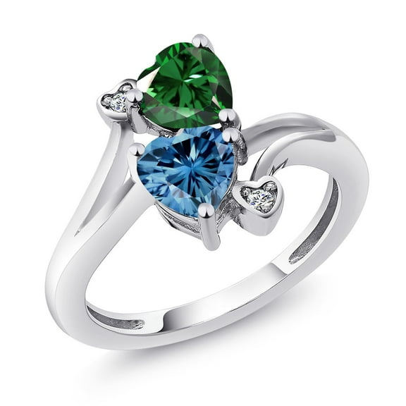 Gem Stone King 925 Sterling Silver Green Nano Emerald Persian Blue Moissanite and White Lab Grown Diamond Ring for Women (1.53 Cttw, Heart Shape 6MM, Gemstone May Birthstone, Size 7)