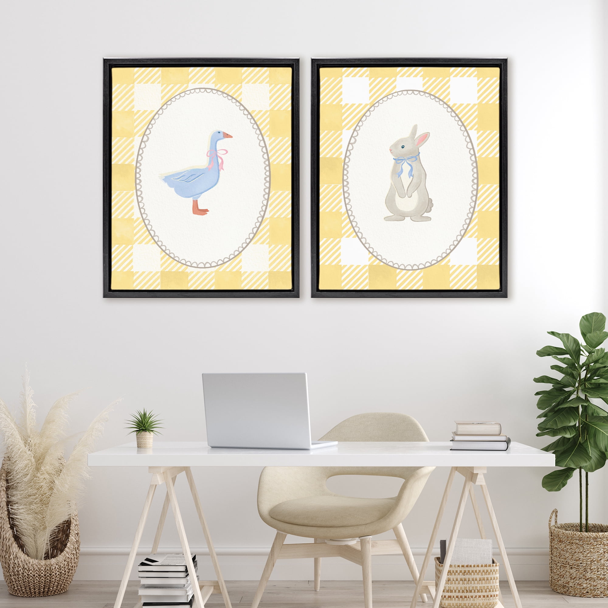 Stupell Industries Goose & Bunny Yellow Gingham 2 Piece Black Framed Floater Canvas Set, design by The Paper Curator