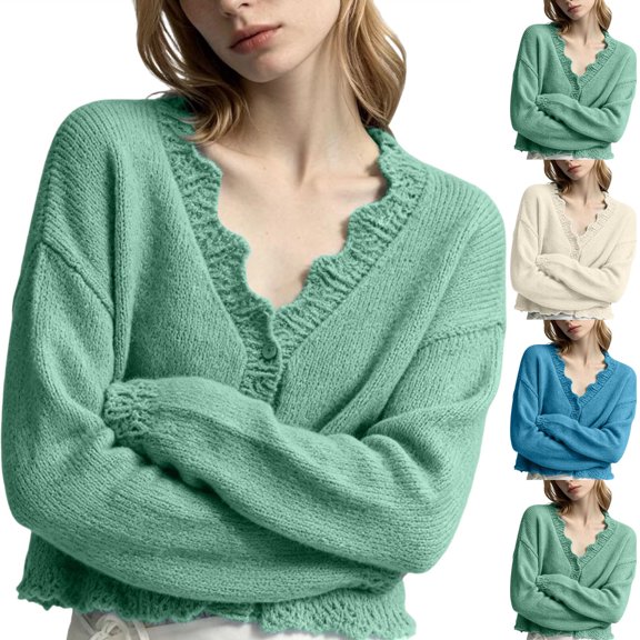 Ndbuld Women Long Sleeve Women Solid Color Long Sleeve V Neck Button Down Knit Cardigan Top,Green,Free Size