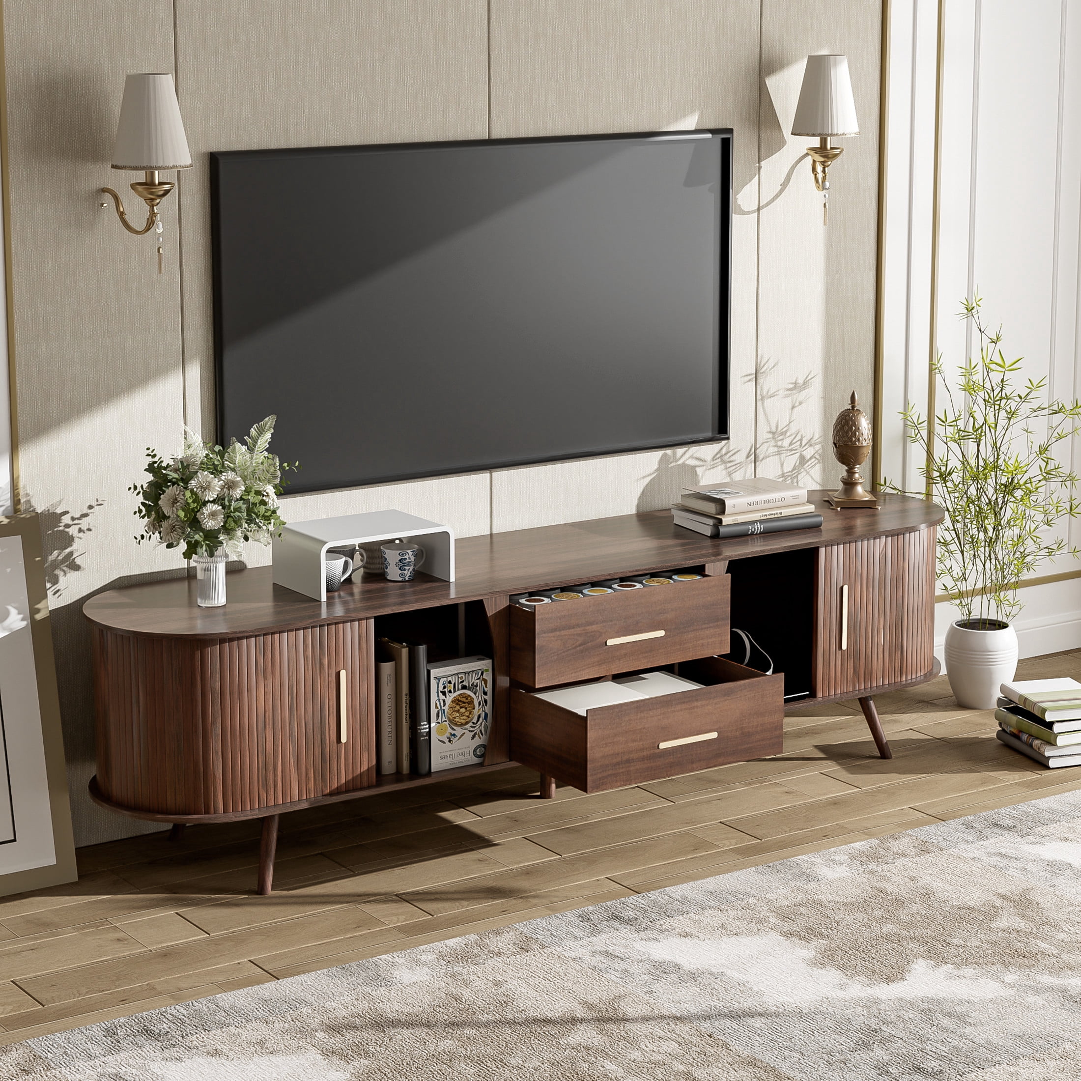Noble House TV Stand for TVs up to 80", Media Console with Sliding Doors and Drawers, Dark Brown