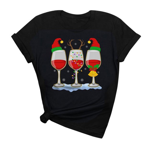 Camiseta De Copa De Vino De Navidad Top Casual Y Cómodo Pompotops oipoqjl2826