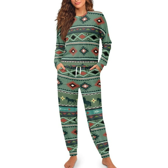 SCRAWLGOD Aztec Tribal Pajamas Womens Long Sleeve 2 Piece Sets for Women Sleepwear Size S Crewneck Women's Pj with Pockets Washable Ladies Jogger Pjs Set