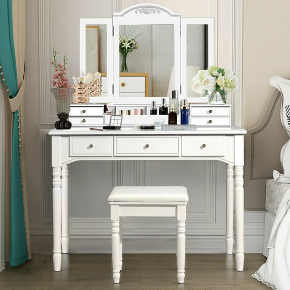 Gymax 7 Drawers Vanity Set Dressing Table w/ Tri-Folding Mirror White