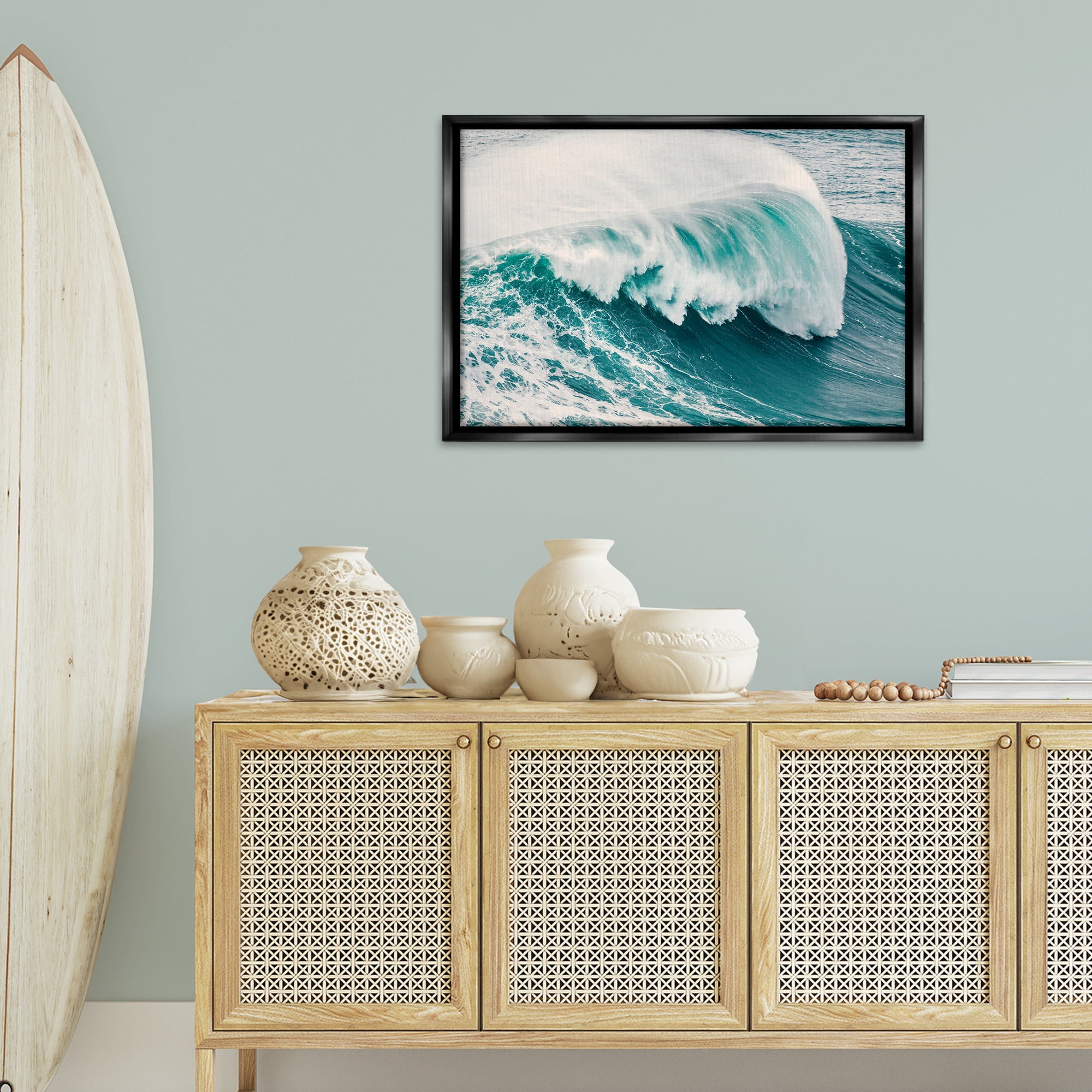 Stupell Industries Large Breaking Wave Nautical & Beach Photography Black Floater Framed Canvas Art Print Wall Art, 31 x 21