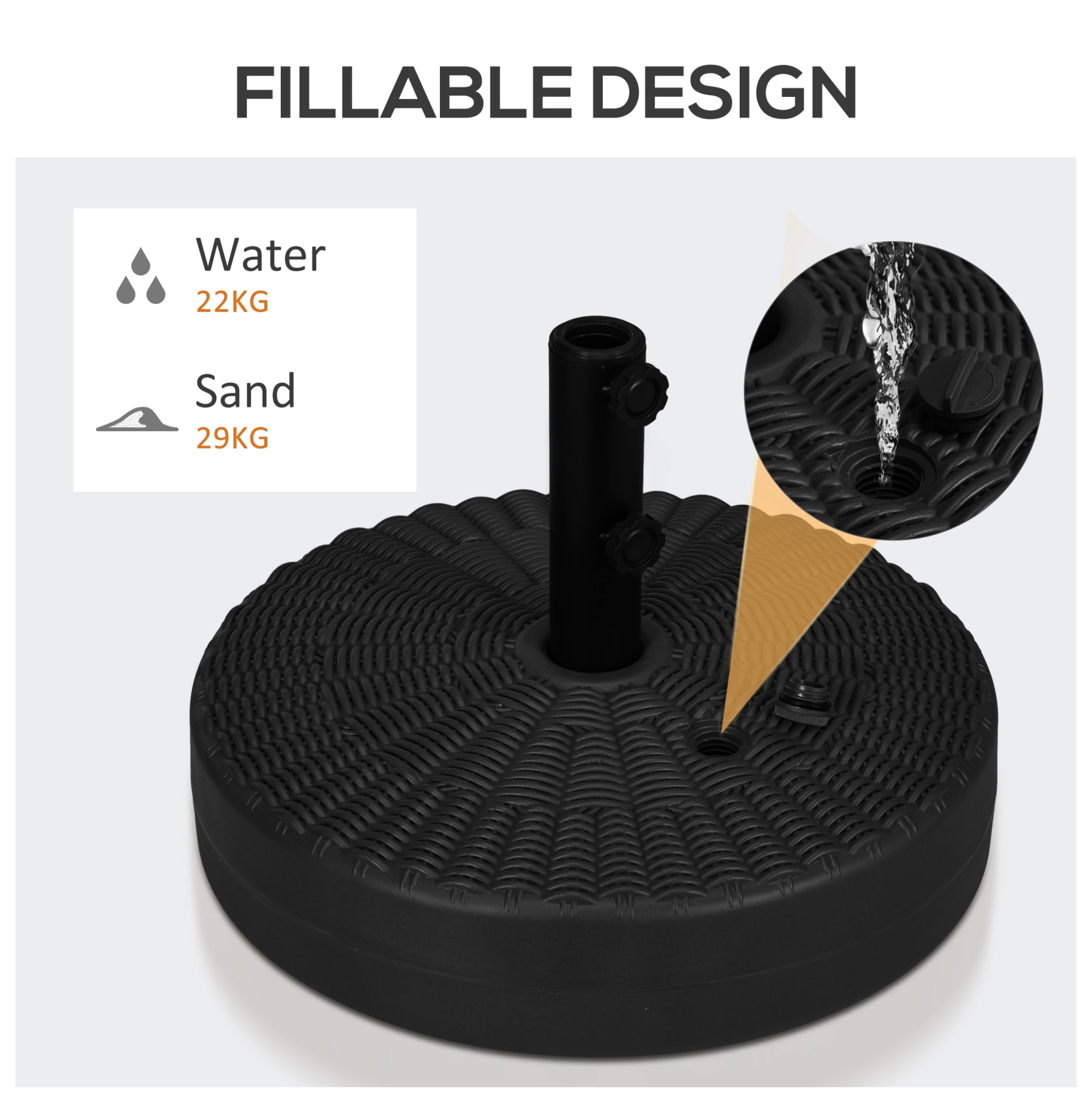 Umbrella Stand for 1.5" or 2" Umbrella Poles, Round Fillable Umbrella Base for Outdoor, Lawn, Deck, Black