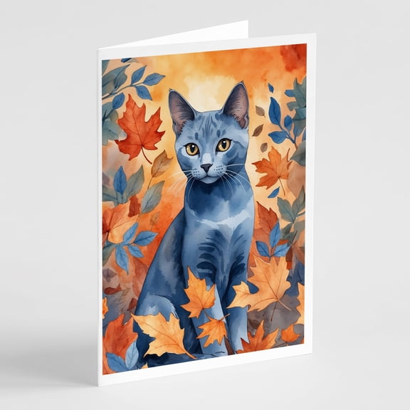 Carolines Treasures DAC7165GCA7P 5 x 7 in. Russian Blue Cat in Fall Leaves Greeting Cards - Pack of 8