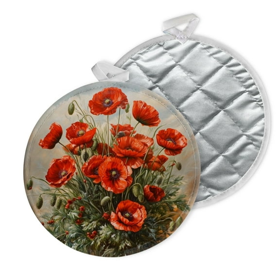 2 PCS Pot Holders for Kitchen,Potholders Sets with Hook for Oven,Cooking,Baking,Bouquet Of Poppies In Soft - Hued Landscape Painting