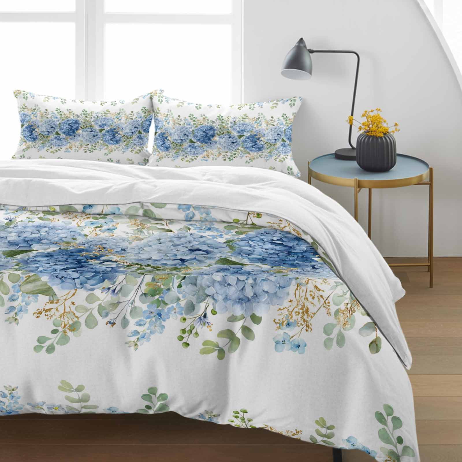 Blue Hydrangea Farm Eucalyptus Queen Size Bed Set,Vintage Linen