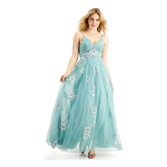 TEEZE ME Womens Green Glitter Zippered Mesh Gown Floral Spaghetti Strap V Neck Maxi Prom Dress Juniors 56