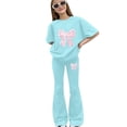thumbnail image 2 of Summer Outfits for Teens 2026 Vacation Girls 2 Piece Outfits Kids Cute Bow Graphic Sweatsuit Short Sleeve Tops Flare Pants Set Teen Summer Beach Trendy Tracksuit, 2 of 5