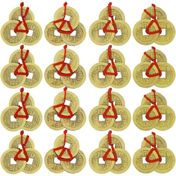 Set of 16 Chinese Fortune Feng Shui Coins,1In Traditional New Year Coins with Red Strings,4 Styles Lucky Decor for New Year Decorations