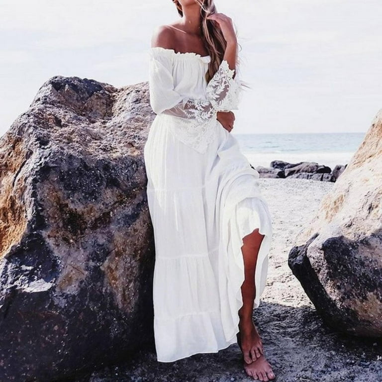 Womens Off Shoulder Dress Strapless Sexy Lace Boho Beach Maxi Long Sundress White