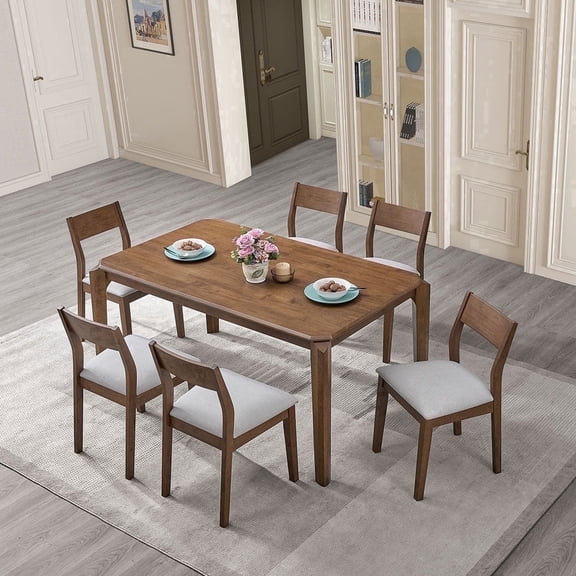 ACTU 7-Piece 59 Inch Mid-Century Hardwood Dinning Table Set, Walnut