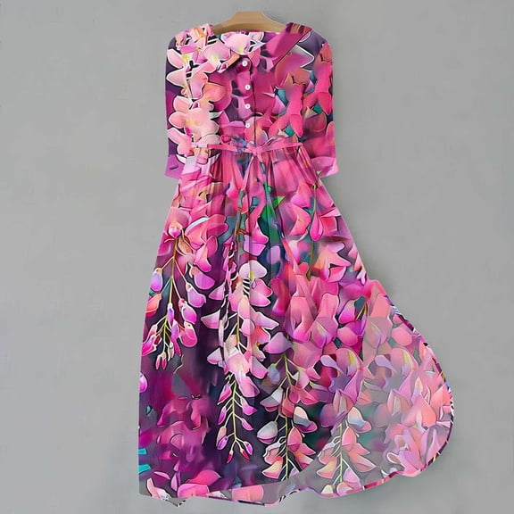 WFJCJPAF 2025 New Product Autumn Dresses for Women with Pockets,Women's Summer Printed Fashion 3/4 Sleeve Turndown Collar Dress - Hot Pink M