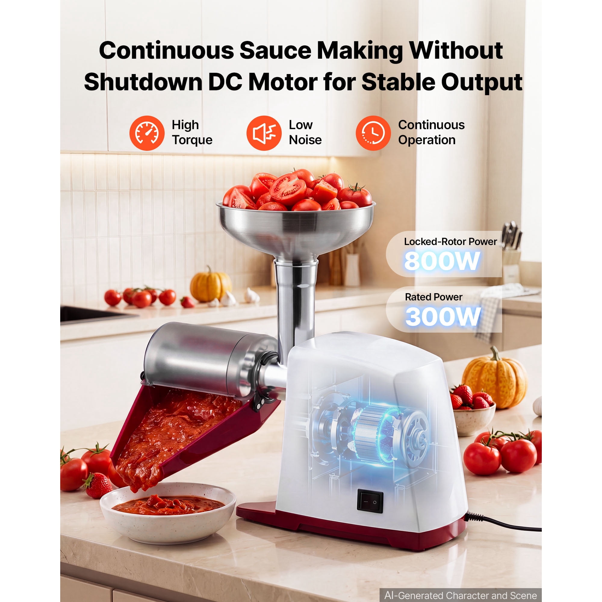 KFFKFF Electric Tomato Strainer 800W Max Sauce Maker, Processes 88 lbs/H for Purees, Strawberry, Salsa, Stainless Steel Tomato Food Mill Press Machine with 1mm, 1.5mm, 3mm & 6mm Screens, White
