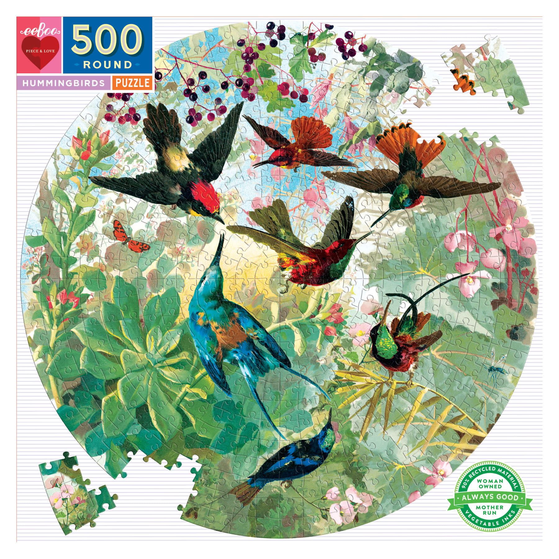 eeBoo Piece and Love Hummingbirds 500 Piece Round Circle Jigsaw Puzzle