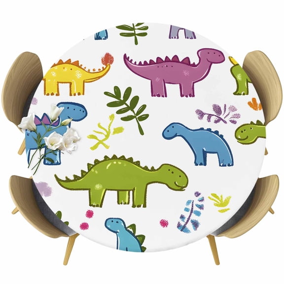 Cartoon Dinosaur Round Fitted Table Cover Simple Cute Waterproof Table Cloth with Elastic Edge Wipeable Tablecloth for Picnic Camping Party Fits 55"-60" Diameter