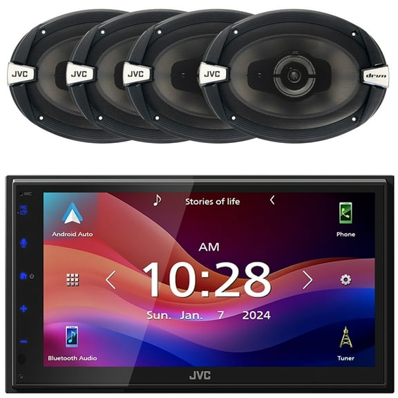 JVC KW-M695BW 6.8" WSVGA LCD Display Single-DIN Bluetooth USB/MP3 Digital Media Shallow Chassis Multimedia SiriusXM Ready Receiver, 4x JVC CS-DR693 6x9" 500 Watts Max Power 3-Way Car Audio Speakers