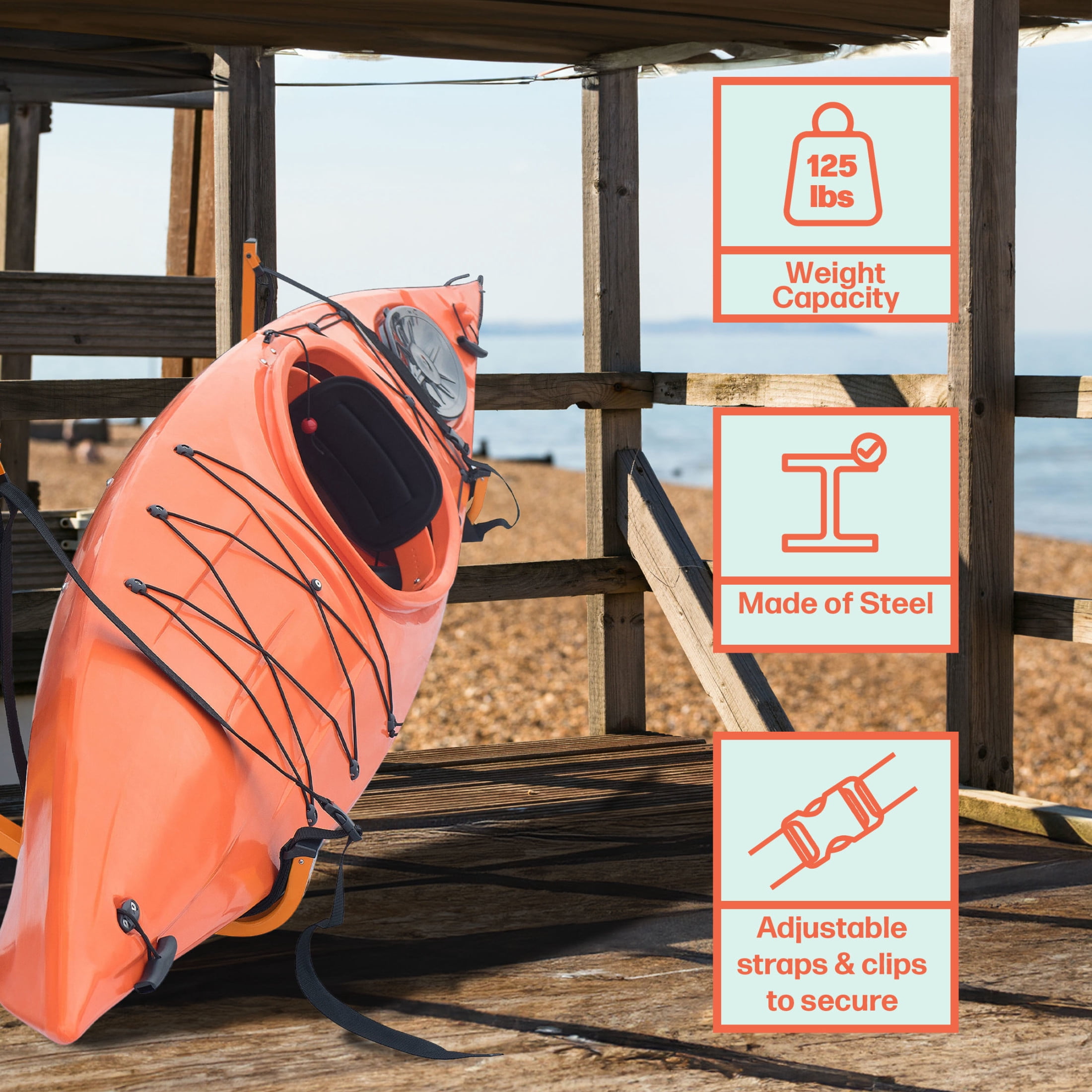 Rad Sportz Set of 2 Wall Mounted Kayak Hangers with 125lb Capacity (Orange)