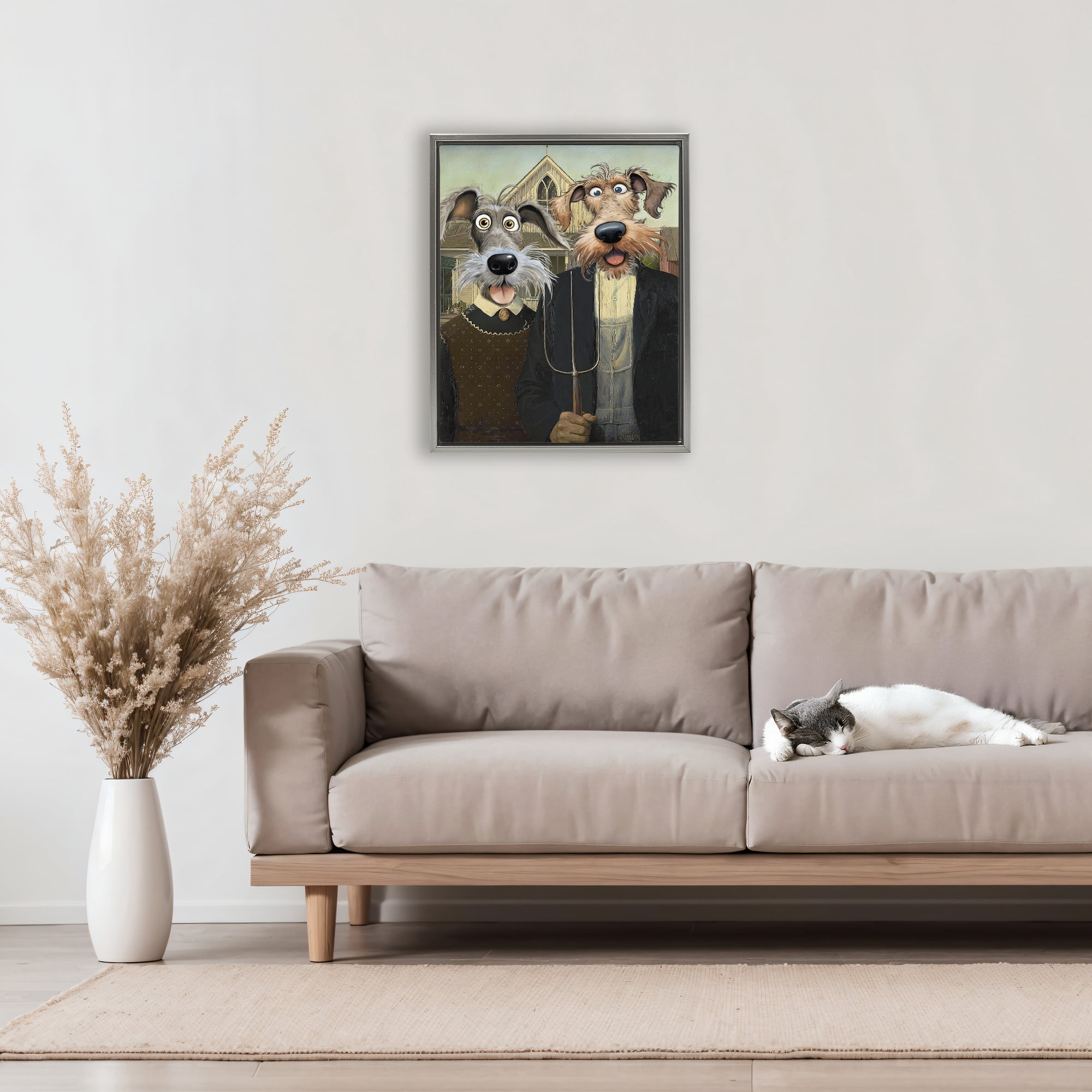 Stupell Industries American Gothic Pups Gray Framed Floater Canvas Wall Art, design by Tina LeCour