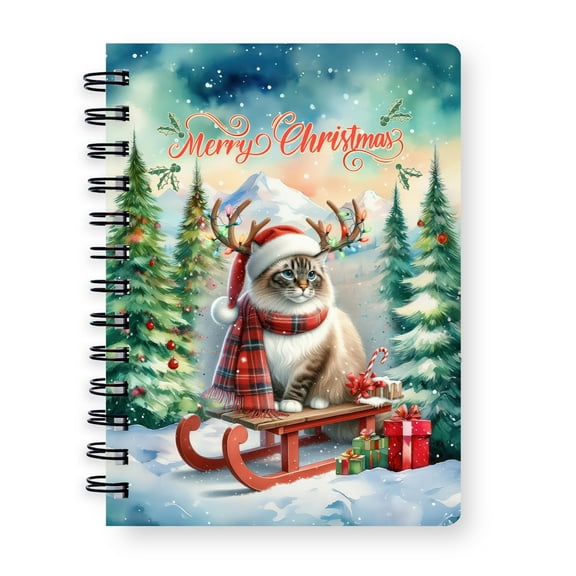 Merry Christmas Santa Reindeer Antlers Ragdoll Sleigh Xmas Winter Holiday Spiral Bound Journal Cat Lover Kitten Owner Gifts Idea 5x7in Spiral Notebook - 00023