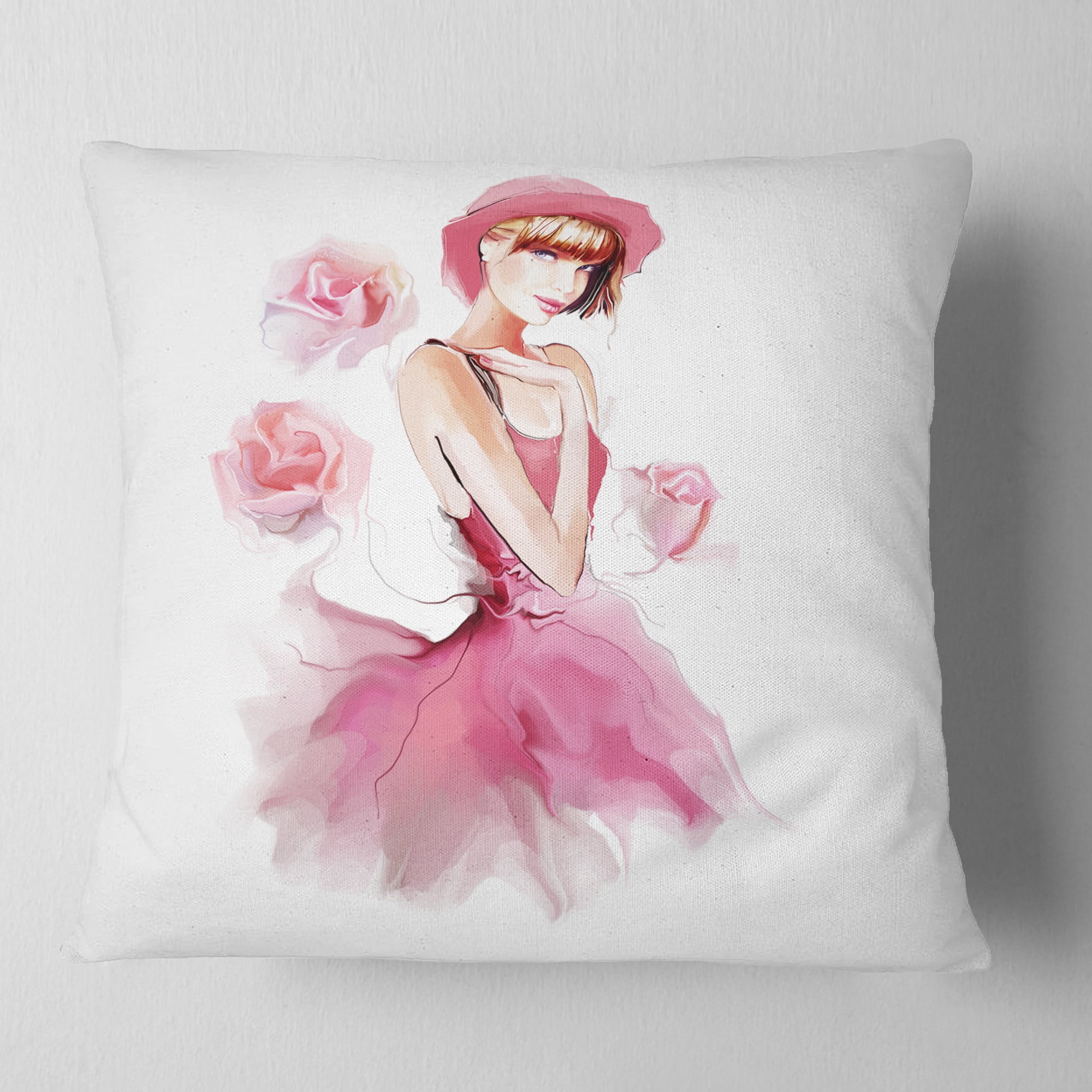 Designart Woman in Pink Dress and Hat - Digital Art Portrait Throw Pillow - 18x18