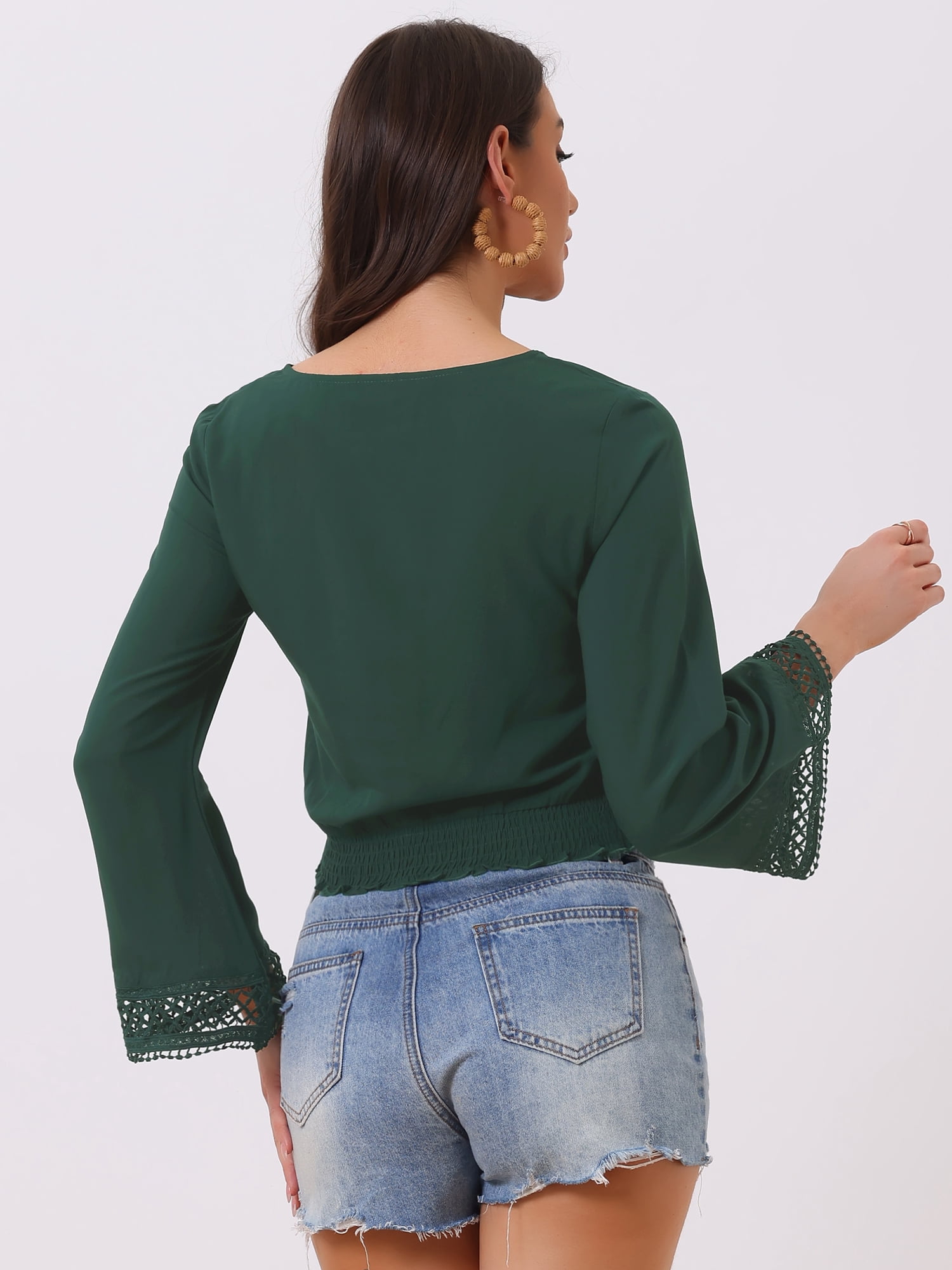 DARING DIVA Women's Lace Peasant Bell Sleeve Smocked Hem Cropped Boho Blouse S Deep Green
