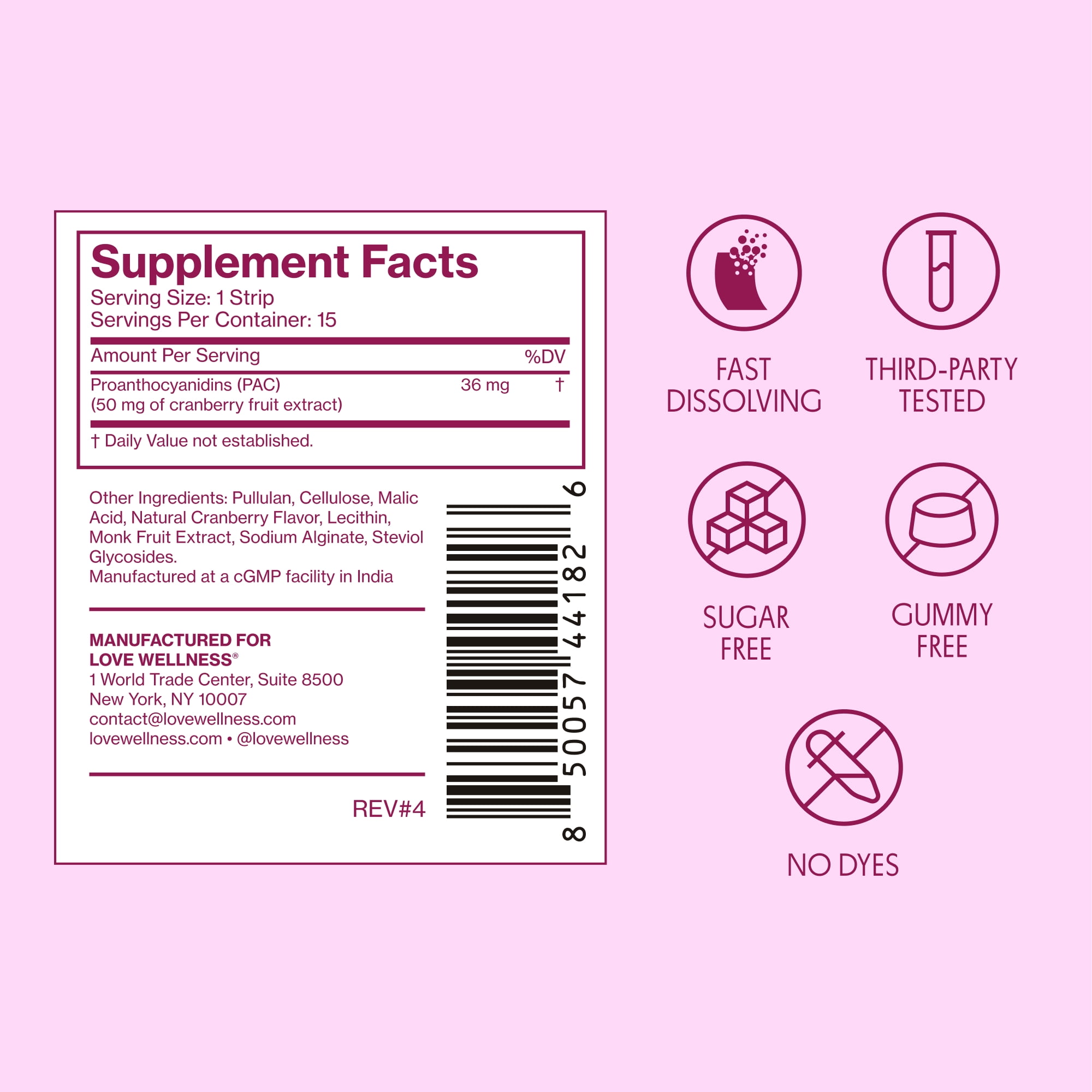Love Wellness Urinary Tract Quick Melt Strips with 36mg PACs from Cranberry Extract - 15 Count