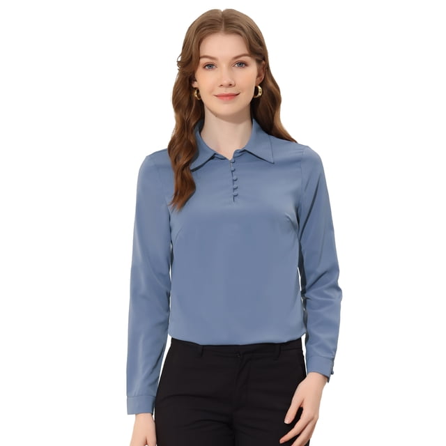 INSPIRE CHIC Blusa de oficina de manga larga con media tapeta y cuello en punta para mujer Azul polvoriento M