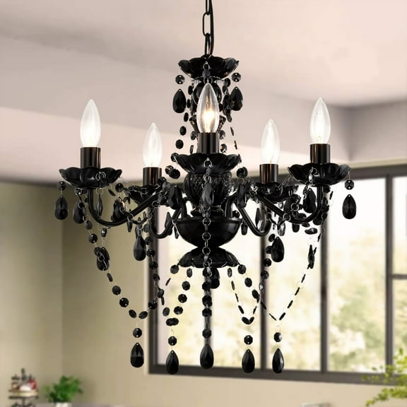 Black Crystal Chandelier 5 Light Small Acrylic Ceiling Lights with Adjustable Chain for Bedroom, Dining Room