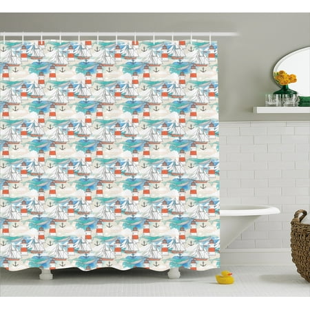Lighthouse Shower Curtain Abstract Whale Anchor And Boats Pattern Lighthouse Shower Curtain Abstract Whale Anchor And Boats Pattern Sky Inspired Background Nautical Design